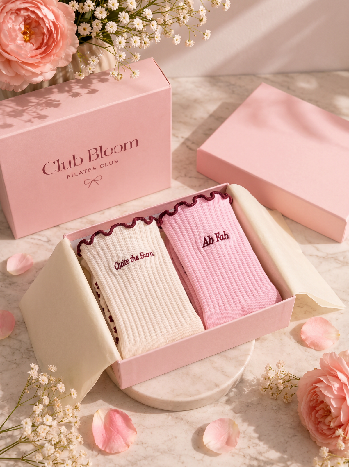 The Warm Up Set - two pairs of Club Bloom pilates grip socks in gift-ready box