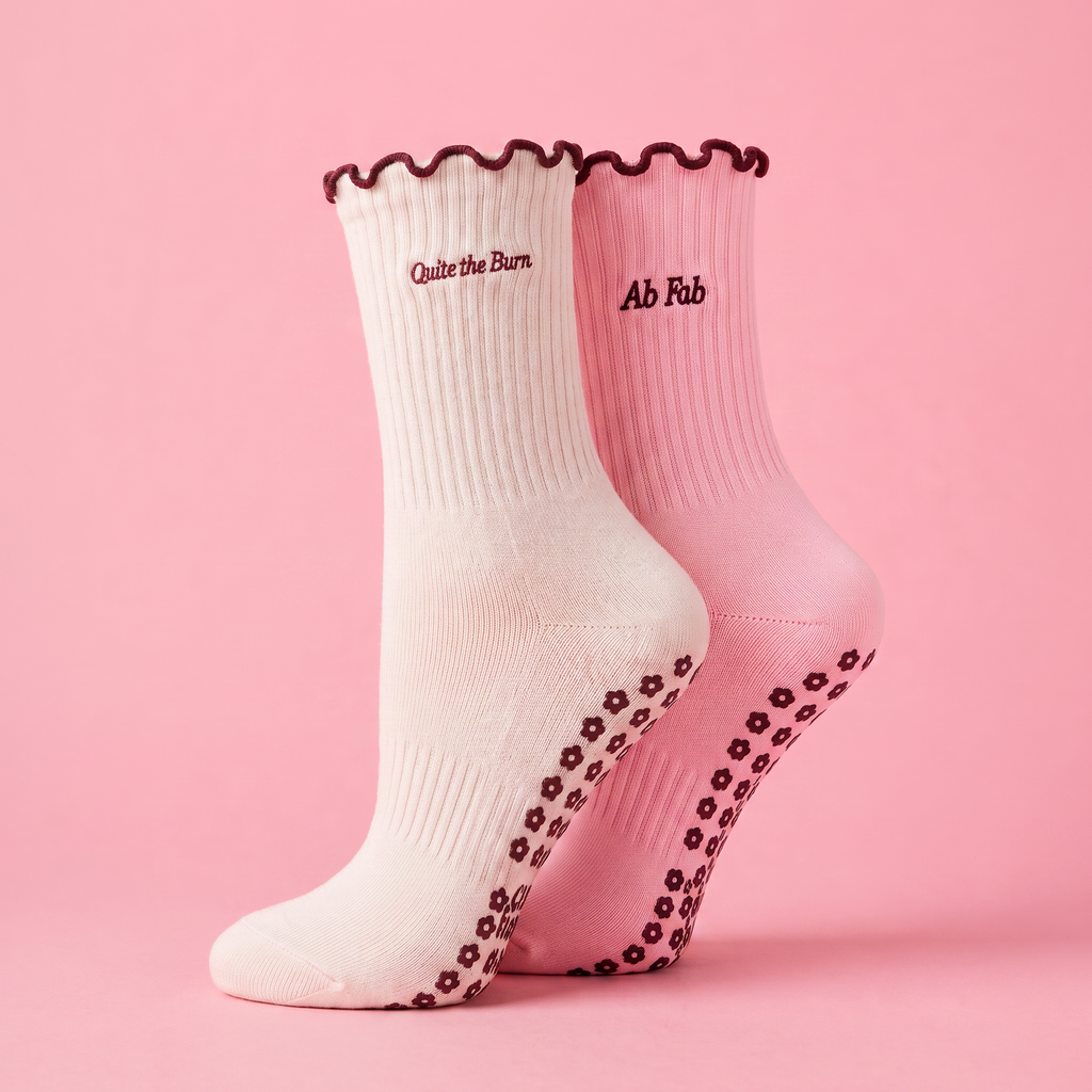 Quite the Burn and Ab Fab pilates grip socks duo set
